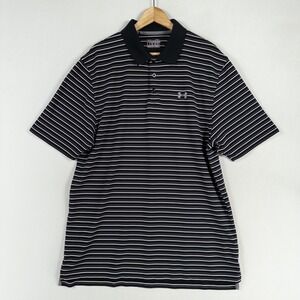 Under Armour Polo Shirt Mens XL Black Gray White Stripe Loose Fit Heat Gear Golf
